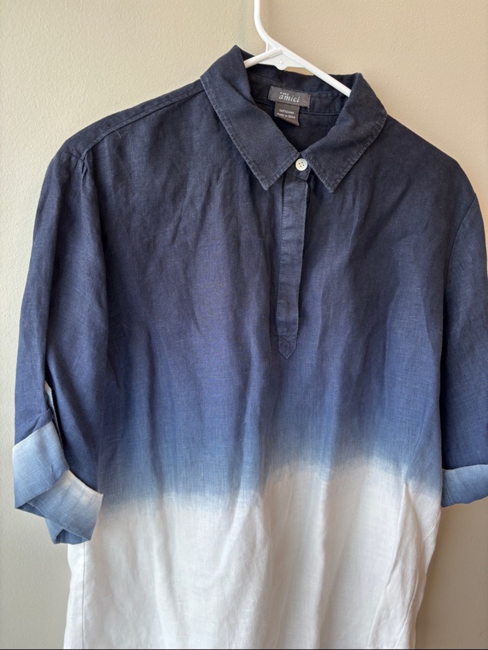 Pure Amici Navy and White Dip-Edge Linen Button-Down - Picture 3 of 6